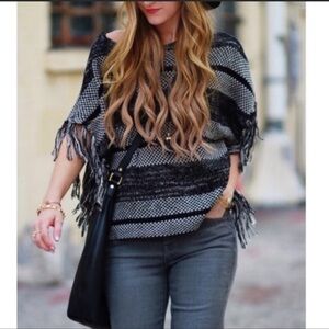 Lucky Brand Fringe Striped Fringe Grey Knit Wool Blend Poncho Sweater